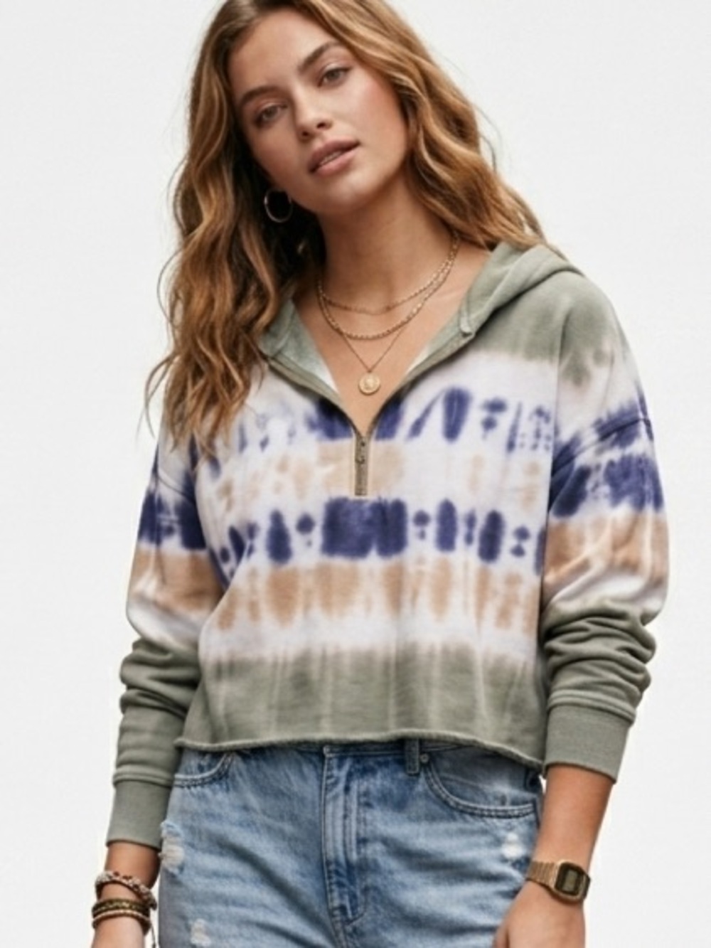 Aerie Tie Dye Cropped Half Zip Hoodie Oversized Earthy Olive Green Blue S 1874